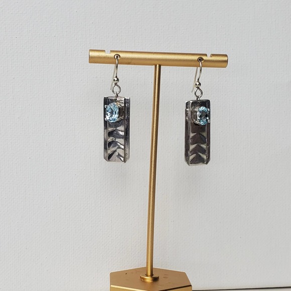 Hand Forged Sterling Silver Dangle Rectangle Earrings with Blue Topaz - Picture 6 of 13